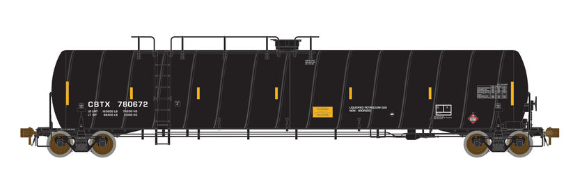 ROKA | Vagón Tanque de Gas LPG 66' CBTX (LPG) Spiral Tank Car | Negro, Versión 3 (Escala HO) | RPM 225 #781138
