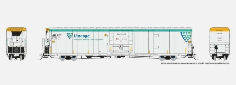 Rapido Trains Inc. | Vagón Refrigerado 72' IL 7780 cu ft Greenbrier | Lineage Logistics / LINX #7199 "Blue Island" (Escala HO) 167003A